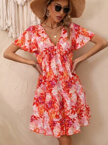 Breezaya Floral Print Butterfly Sleeve Ruffle Hem Dress - White - View 6