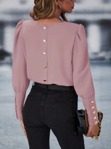 SHEIN LUNE Blusa con botón trasero de manga farol - Rosa vieja - Ver 1