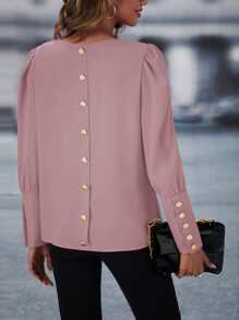 SHEIN LUNE Blusa con botón trasero de manga farol - Rosa vieja - Ver 2