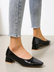 女士素色方頭粗跟淺口皮鞋優雅黑色淺口鞋 - 黑色 - 查看 2