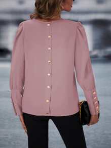 SHEIN LUNE Blusa con botón trasero de manga farol - Rosa vieja - Ver 4