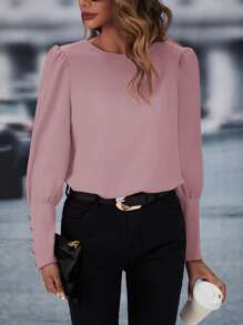 SHEIN LUNE Blusa con botón trasero de manga farol - Rosa vieja - Ver 5
