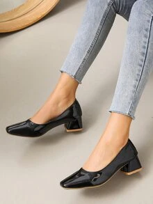 女士素色方頭粗跟淺口皮鞋優雅黑色淺口鞋 - 黑色 - 查看 5