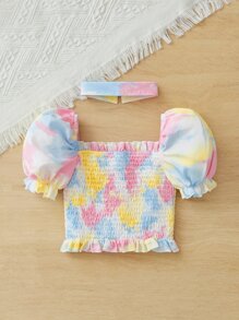 SHEIN Áo sơ mi bé gái Dải chun viền lá sen Cà vạt nhuộm Boho - Màu vàng - Xem 4