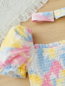 SHEIN Áo sơ mi bé gái Dải chun viền lá sen Cà vạt nhuộm Boho - Màu vàng - Xem 2