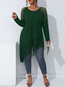 SHEIN LUNE Plus Cut Out Shoulder Fringe Hem Tee - Dark Green - View 1