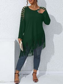 SHEIN LUNE Plus Cut Out Shoulder Fringe Hem Tee - Dark Green - View 3