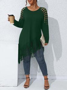 SHEIN LUNE Plus Cut Out Shoulder Fringe Hem Tee - Dark Green - View 4