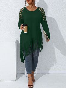 SHEIN LUNE Plus Cut Out Shoulder Fringe Hem Tee - Dark Green - View 5
