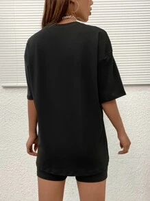 SHEIN Unity Bộ đồ hai mảnh nữ Lá thư Giải trí - màu đen - Xem 2