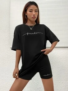 SHEIN Unity Bộ đồ hai mảnh nữ Lá thư Giải trí - màu đen - Xem 3