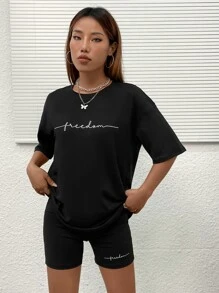 SHEIN Unity Bộ đồ hai mảnh nữ Lá thư Giải trí - màu đen - Xem 5