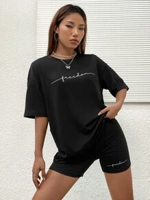 SHEIN Unity Bộ đồ hai mảnh nữ Lá thư Giải trí - màu đen - Xem 6