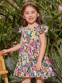 SHEIN Leap Crew Young Girl Floral Print Ruffle Trim Dress - Multicolor - View 2