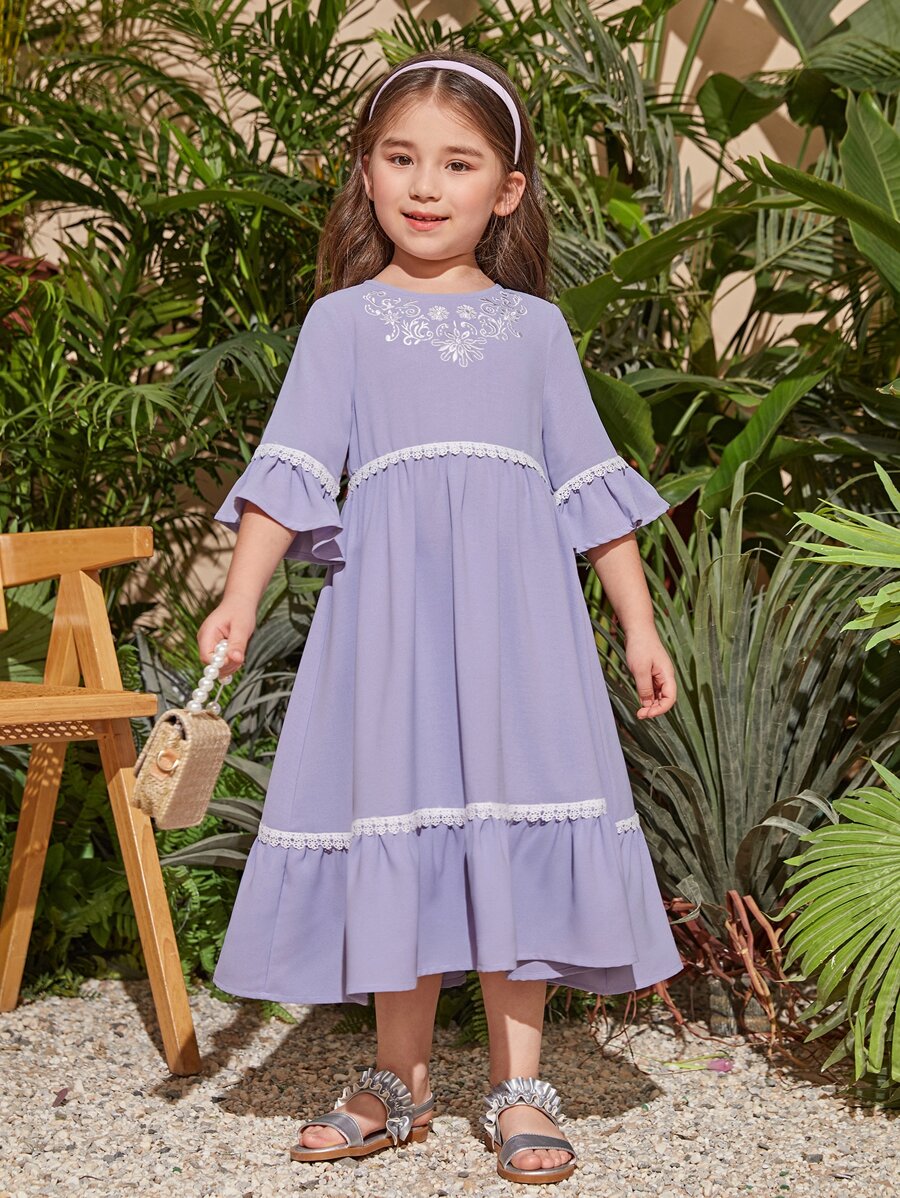 SHEIN Leap Crew 小女童花卉刺繡荷葉袖荷葉邊洋裝 - 紫丁香色 - 查看 1