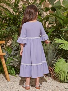 SHEIN Leap Crew 小女童花卉刺繡荷葉袖荷葉邊洋裝 - 紫丁香色 - 查看 2