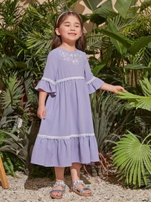 SHEIN Leap Crew 小女童花卉刺繡荷葉袖荷葉邊洋裝 - 紫丁香色 - 查看 3