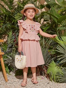 SHEIN Toddler Girls Floral Embroidery Ruffle Trim Top & Skirt - Baby Pink - View 1