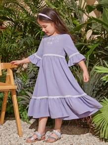 SHEIN Leap Crew 小女童花卉刺繡荷葉袖荷葉邊洋裝 - 紫丁香色 - 查看 4