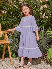 SHEIN Leap Crew 小女童花卉刺繡荷葉袖荷葉邊洋裝 - 紫丁香色 - 查看 5