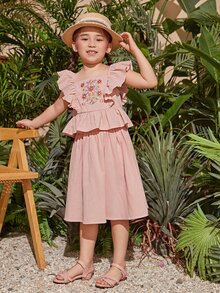 SHEIN Toddler Girls Floral Embroidery Ruffle Trim Top & Skirt - Baby Pink - View 3
