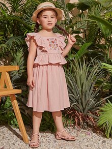 SHEIN Toddler Girls Floral Embroidery Ruffle Trim Top & Skirt - Baby Pink - View 5