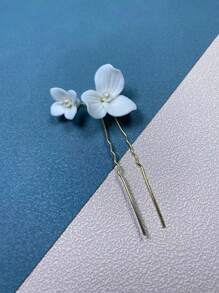 Flower & Faux Pearl Decor Bridal Hair Pin - Gold - View 1