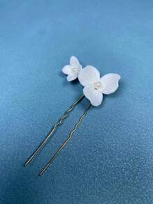 Flower & Faux Pearl Decor Bridal Hair Pin - Gold - View 2