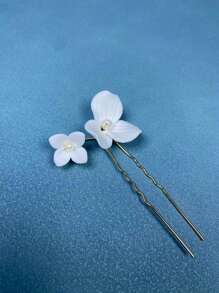 Flower & Faux Pearl Decor Bridal Hair Pin - Gold - View 3