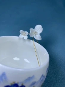 Flower & Faux Pearl Decor Bridal Hair Pin - Gold - View 4