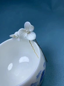 Flower & Faux Pearl Decor Bridal Hair Pin - Gold - View 5