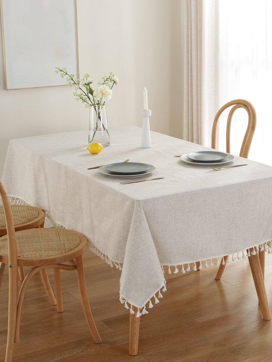1入組流蘇邊桌布 - 米色 - 查看 1