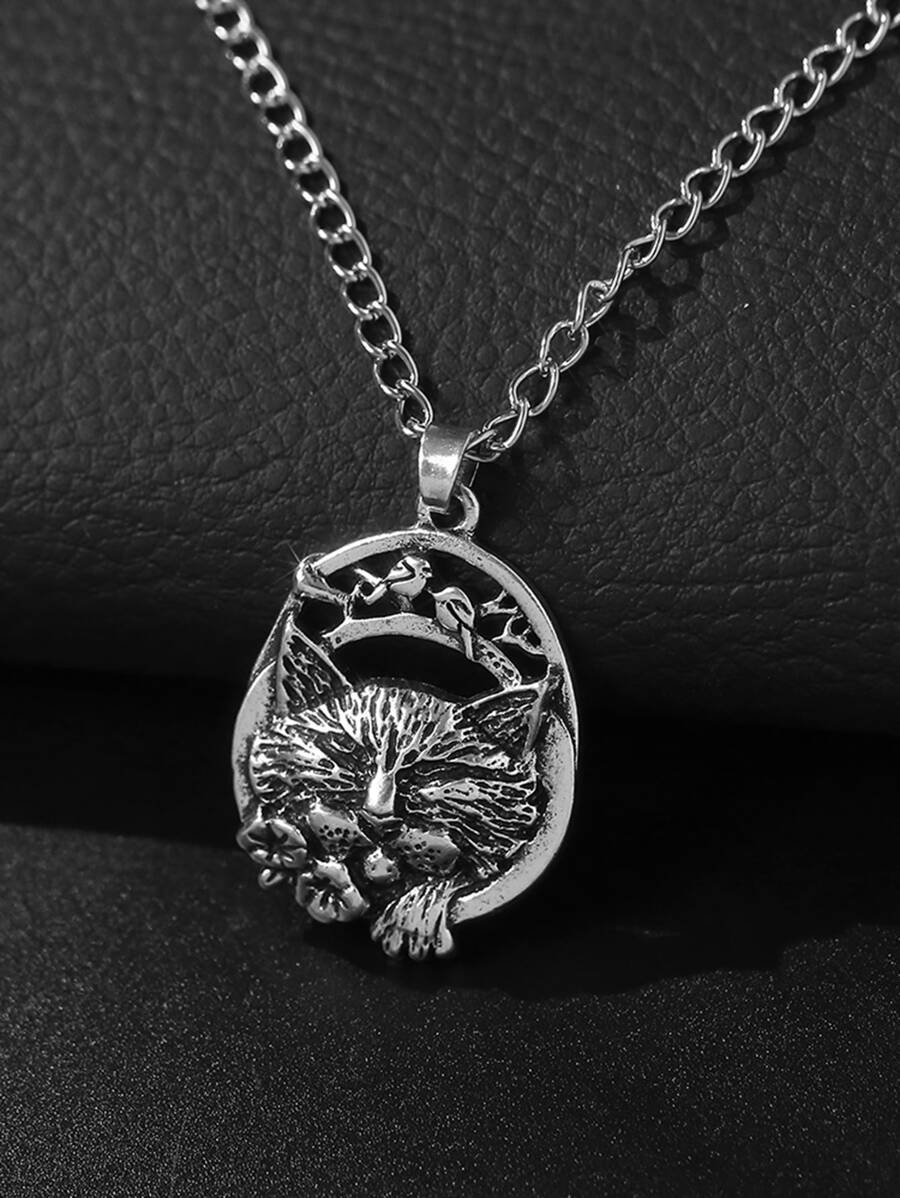 Men Cat Pendant Necklace - Antique Silver - View 1