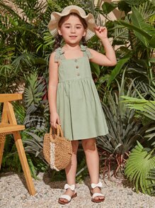 SHEIN Toddler Girls Bow Shoulder Button Front Cami Dress - Mint Green - View 6