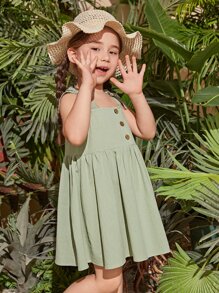 SHEIN Toddler Girls Bow Shoulder Button Front Cami Dress - Mint Green - View 4