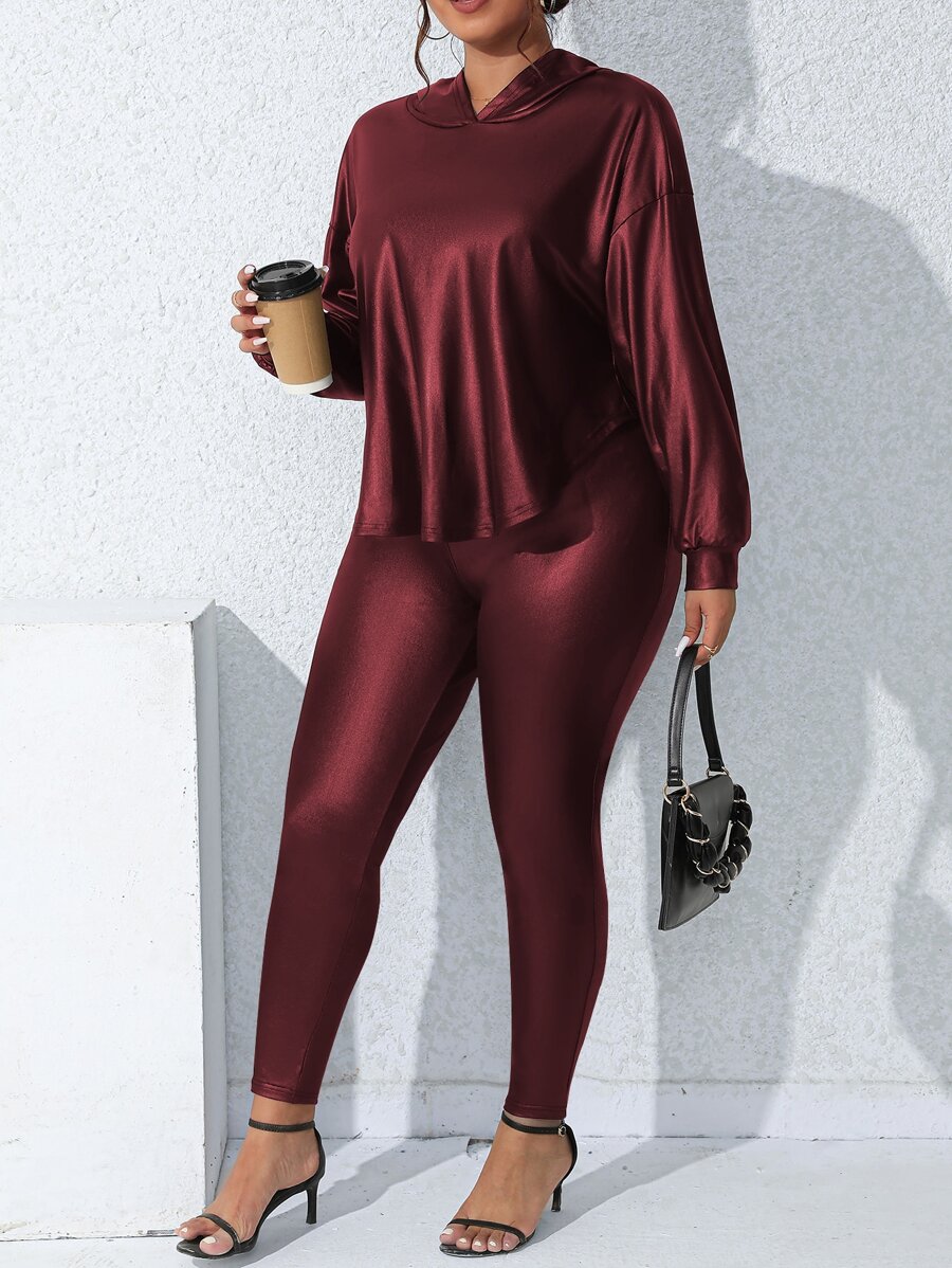 SHEIN LUNE Plus Drop Shoulder Hooded Top & Leggings - Burgundy - View 1