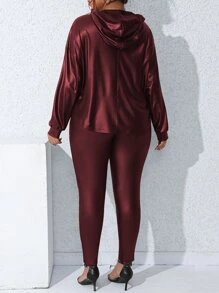 SHEIN LUNE Plus Drop Shoulder Hooded Top & Leggings - Burgundy - View 2