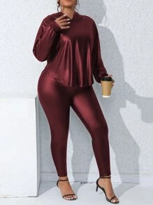 SHEIN LUNE Plus Drop Shoulder Hooded Top & Leggings - Burgundy - View 3