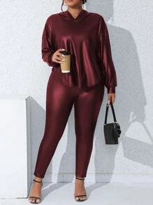 SHEIN LUNE Plus Drop Shoulder Hooded Top & Leggings - Burgundy - View 4
