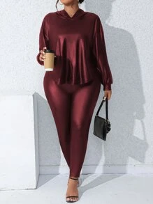 SHEIN LUNE Plus Drop Shoulder Hooded Top & Leggings - Burgundy - View 5