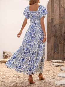 SHEIN VCAY Vestido con estampado floral con fruncido bajo con fruncido - Azul - Ver 2