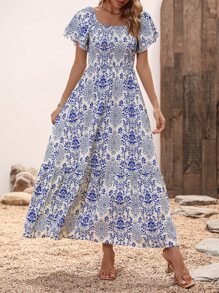 SHEIN VCAY Vestido con estampado floral con fruncido bajo con fruncido - Azul - Ver 4