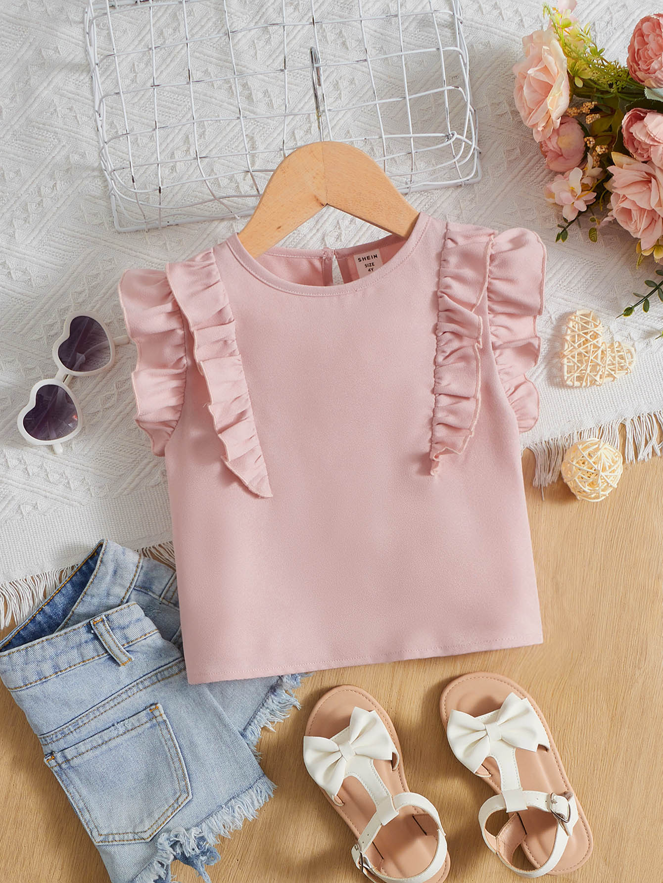 SHEIN Áo sơ mi bé gái Nút Xù màu trơn Dễ thương - Màu Hồng baby - Xem 1