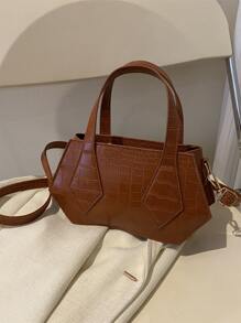 Crocodile Embossed Double Handle Novelty Bag - Brown - View 7