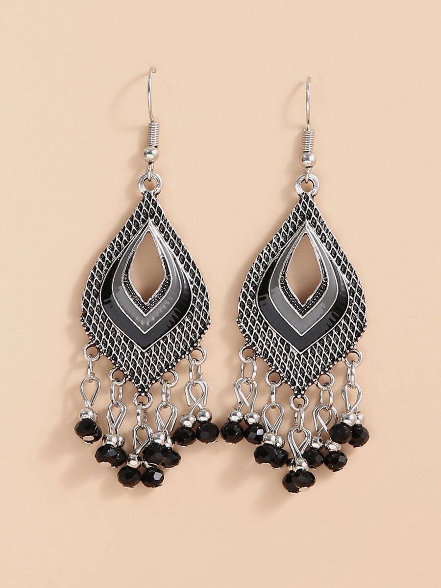 Geometric & Bead Tassel Drop Earrings - Black - View 1
