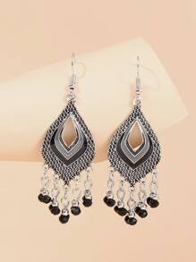 Geometric & Bead Tassel Drop Earrings - Black - View 2