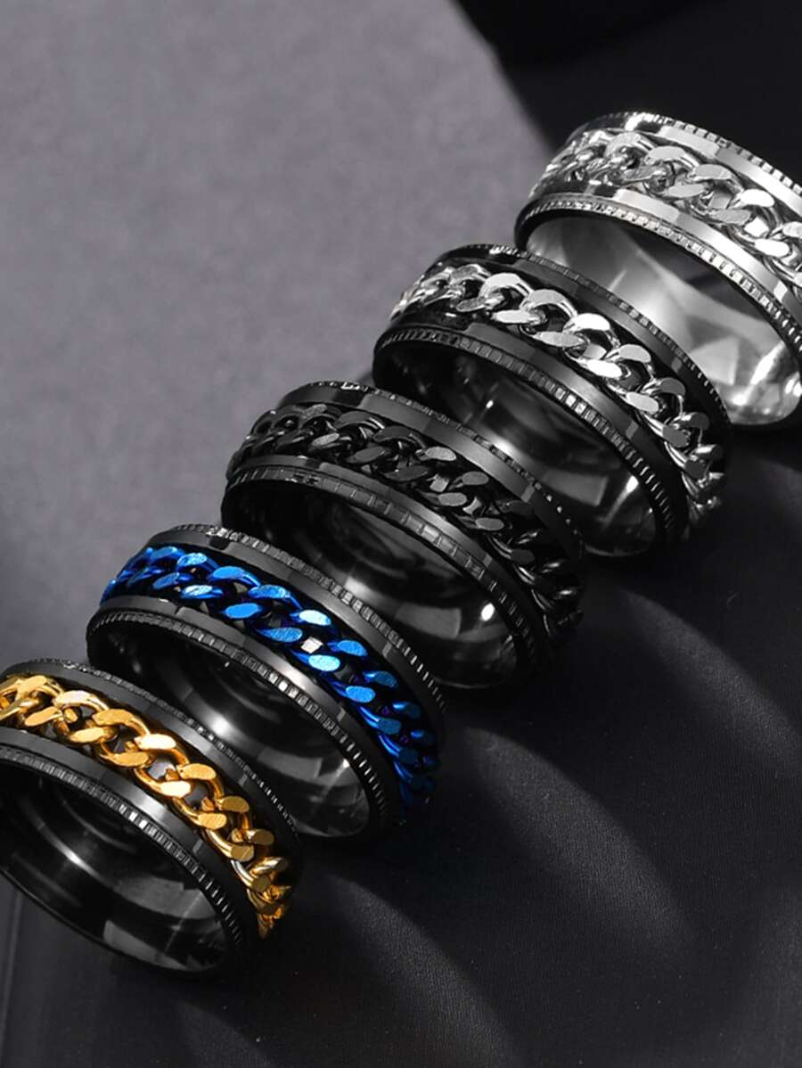 時尚流行4入組男士鏈條裝飾戒指不銹鋼朋克嘻哈風格適合珠寶禮物和時尚外觀 - 彩色 - 查看 1