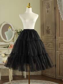 1件装多功能弹力网纱衬裙，黑/白/米色，洛丽塔风格柔软薄纱长裙，洛丽塔角色扮演衬裙配饰 - 黑色 - 查看 9