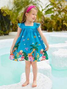 SHEIN Toddler Girls Tropical Print Ruffle Trim Dress