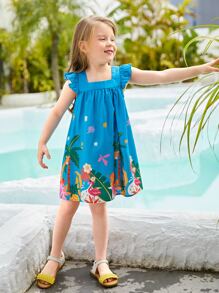 SHEIN Toddler Girls Tropical Print Ruffle Trim Dress
